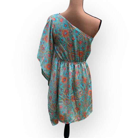 Soprano One Shoulder Floral Multi Color Mini Dress, Silky Boho Draping Women’s M - Picture 4 of 10